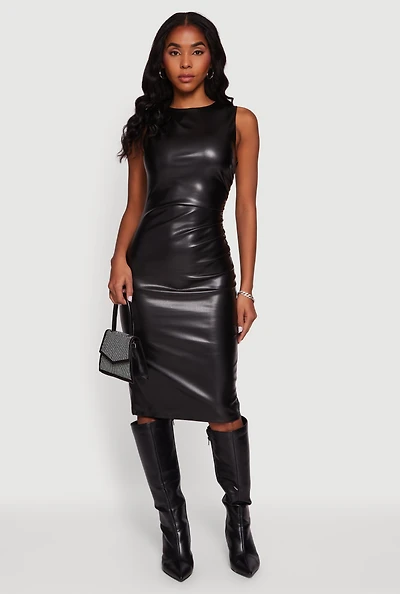 Womens Sleeveless Faux Leather Midi Dress, Black, Size L