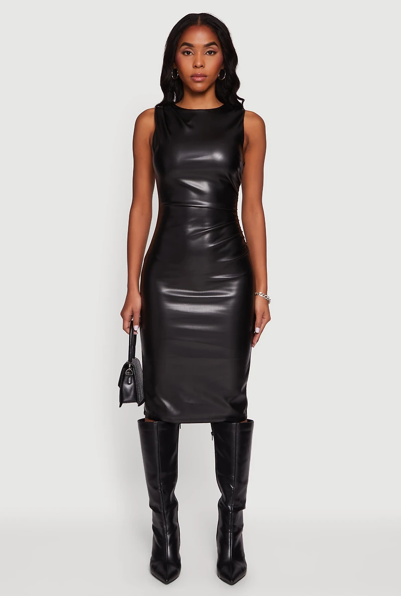 Womens Sleeveless Faux Leather Midi Dress, Black, Size L