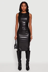 Womens Sleeveless Faux Leather Midi Dress, Black, Size L