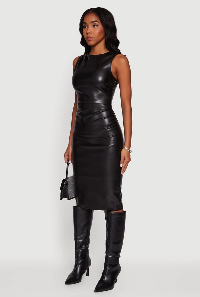 Womens Sleeveless Faux Leather Midi Dress, Black, Size L