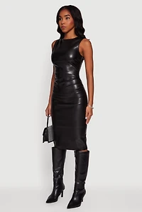 Womens Sleeveless Faux Leather Midi Dress, Black, Size L
