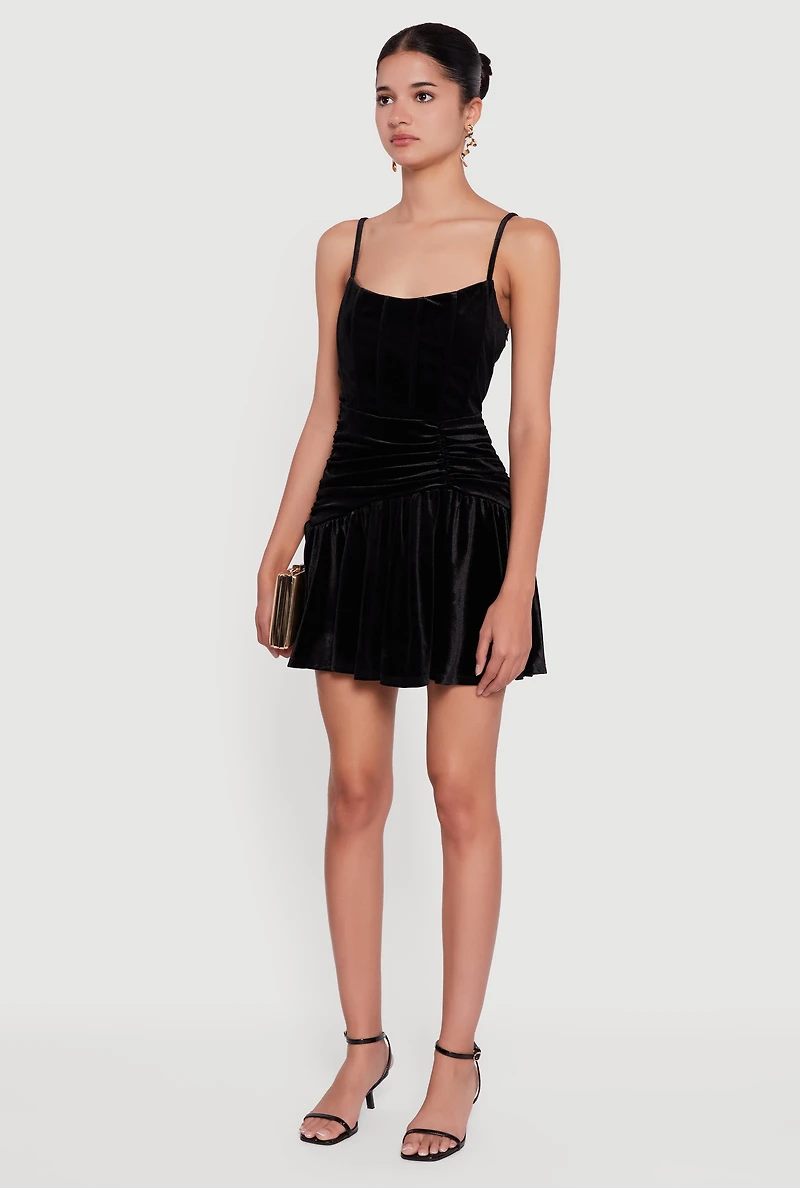 Womens Velvet Ruched Corset Skater Dress,