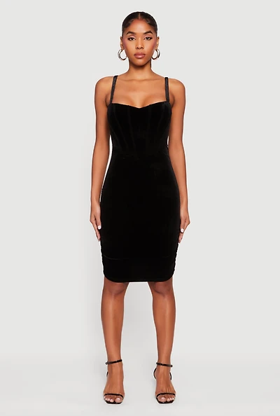 Womens Velvet Ruched Corset Mini Dress, L