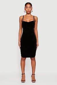 Womens Velvet Ruched Corset Mini Dress, L