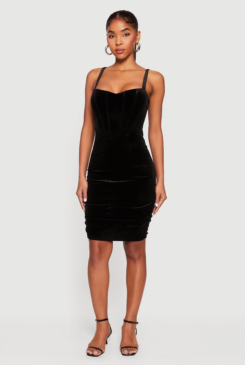 Womens Velvet Ruched Corset Mini Dress, L