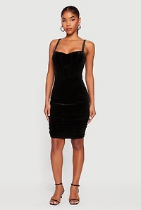 Womens Velvet Ruched Corset Mini Dress, L