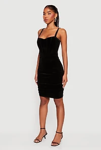 Womens Velvet Ruched Corset Mini Dress, L