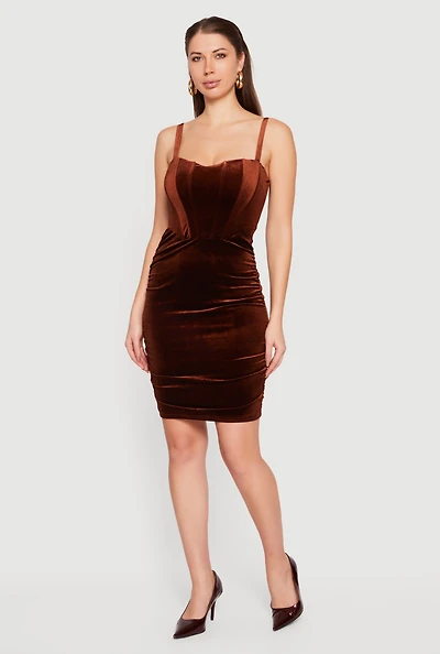 Womens Velvet Ruched Corset Mini Dress, Brown, Size S