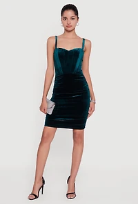 Womens Velvet Ruched Corset Mini Dress, L