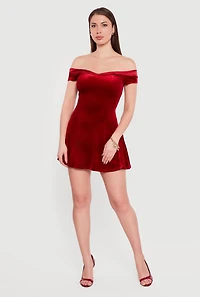 Satin Fold Over Off the Shoulder Velour Skater Dress