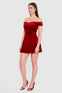 Satin Fold Over Off the Shoulder Velour Skater Dress