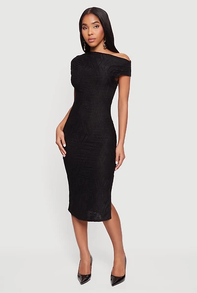Textured Knit One Shoulder Midi Dress