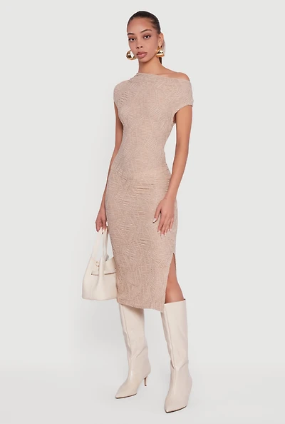Textured Knit One Shoulder Midi Dress