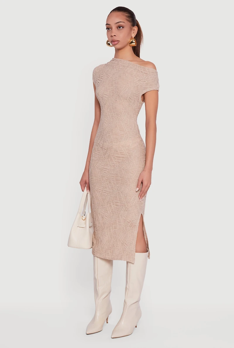 Textured Knit One Shoulder Midi Dress