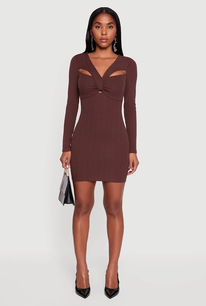 Ribbed Knit Padded Cup Twist Front Dress
