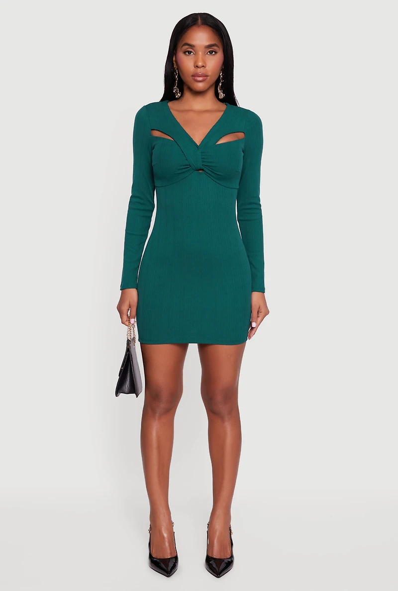 Ribbed Knit Padded Cup Twist Front Dress
