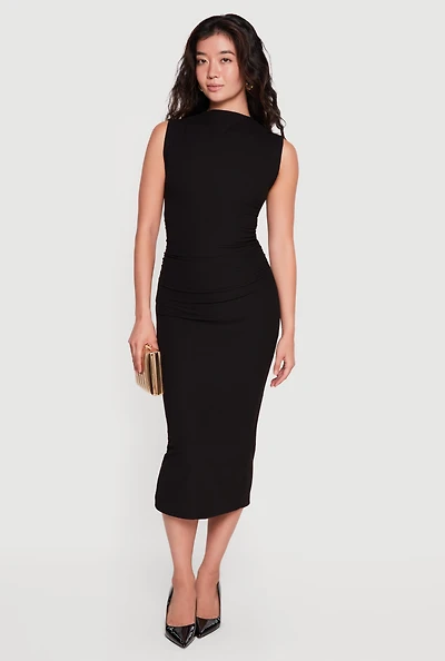 Mock Neck Side Ruched Sleeveless Midi Dress