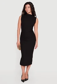 Mock Neck Side Ruched Sleeveless Midi Dress