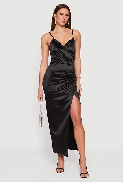 Womens Satin Ruched Faux Wrap Maxi Dress with Side Slit, Black, Size S