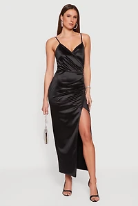 Satin Ruched Faux Wrap Maxi Dress with Side Slit