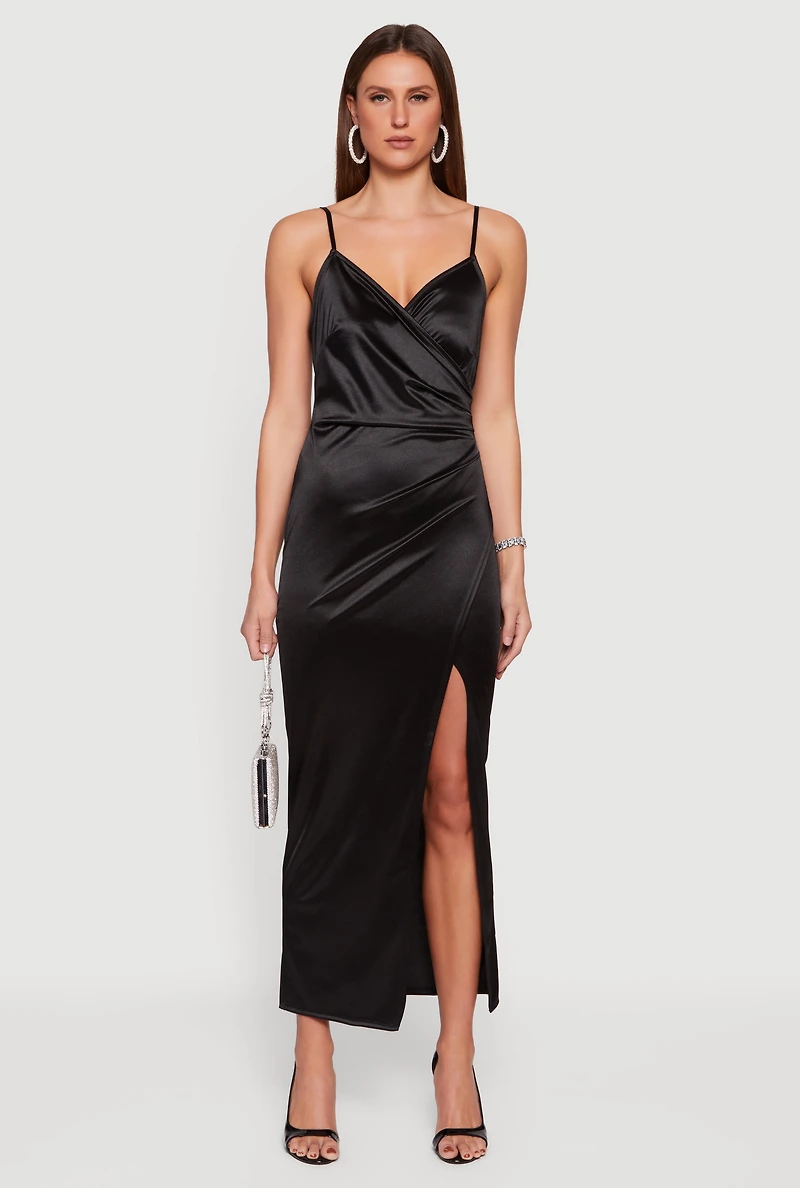 Satin Ruched Faux Wrap Maxi Dress with Side Slit