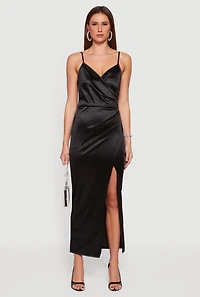 Satin Ruched Faux Wrap Maxi Dress with Side Slit