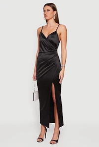 Satin Ruched Faux Wrap Maxi Dress with Side Slit
