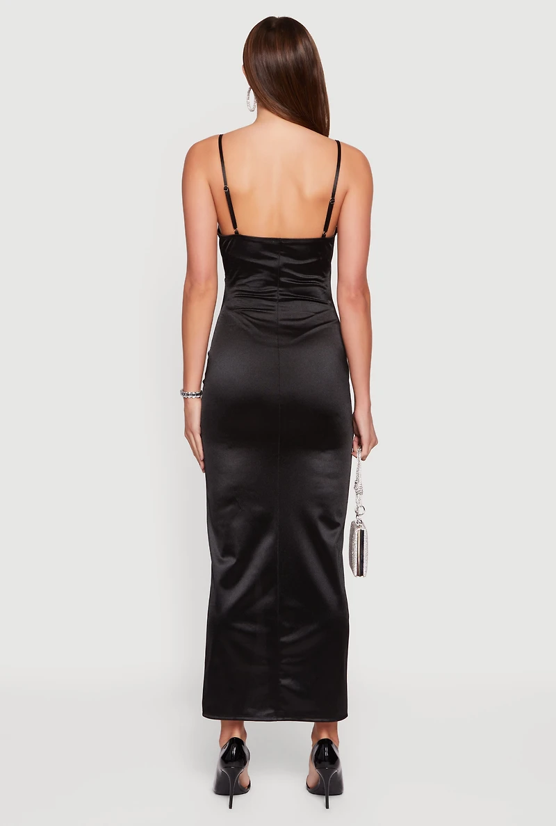 Satin Ruched Faux Wrap Maxi Dress with Side Slit