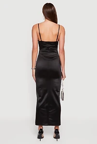 Satin Ruched Faux Wrap Maxi Dress with Side Slit