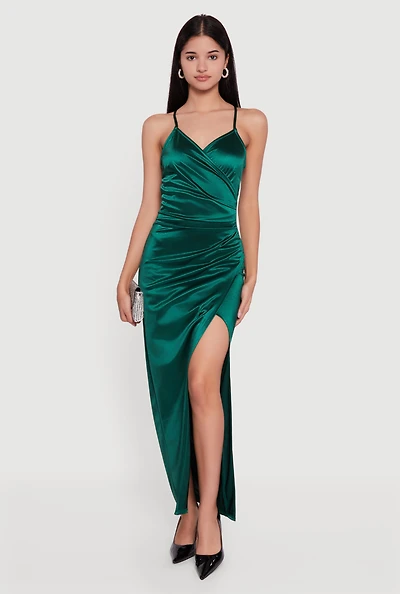 Satin Ruched Faux Wrap Maxi Dress with Side Slit