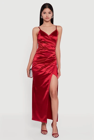Satin Ruched Faux Wrap Maxi Dress with Side Slit