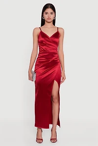 Satin Ruched Faux Wrap Maxi Dress with Side Slit