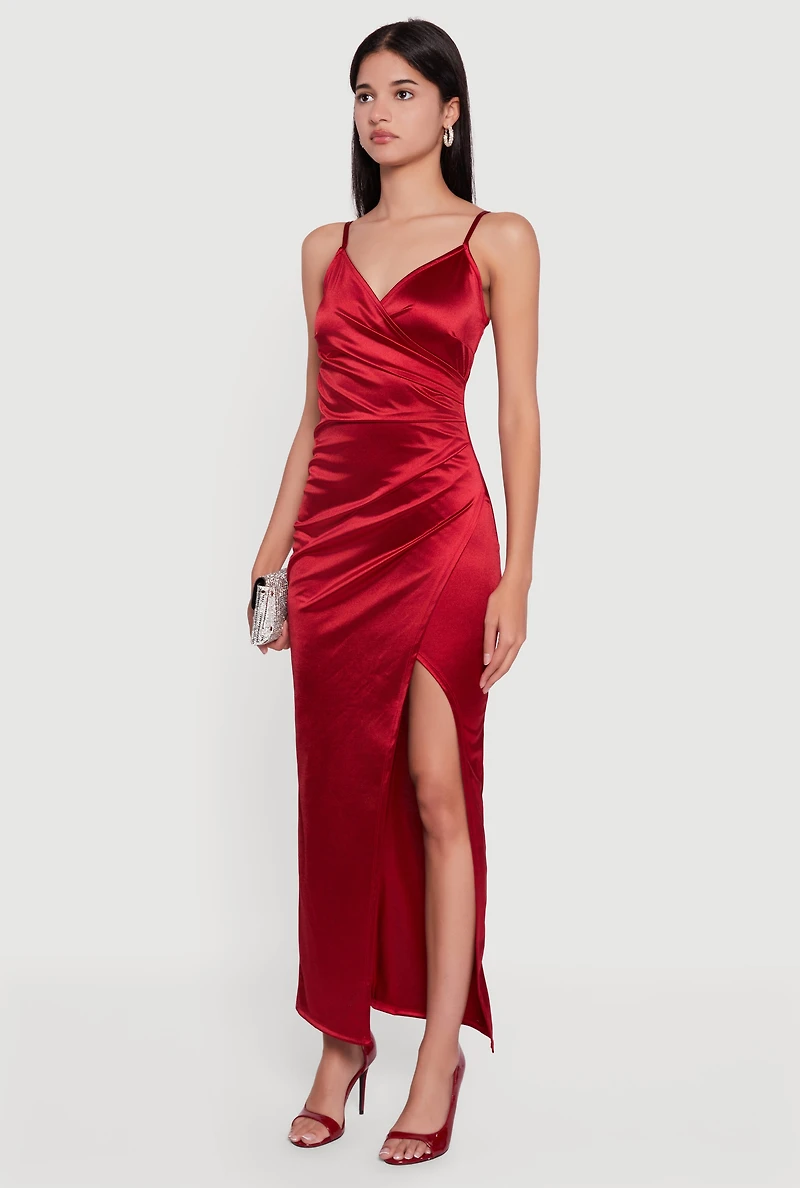Satin Ruched Faux Wrap Maxi Dress with Side Slit
