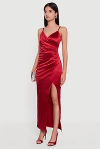 Satin Ruched Faux Wrap Maxi Dress with Side Slit