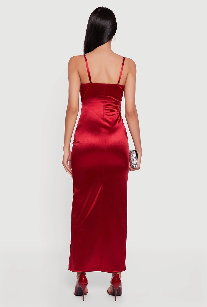 Satin Ruched Faux Wrap Maxi Dress with Side Slit