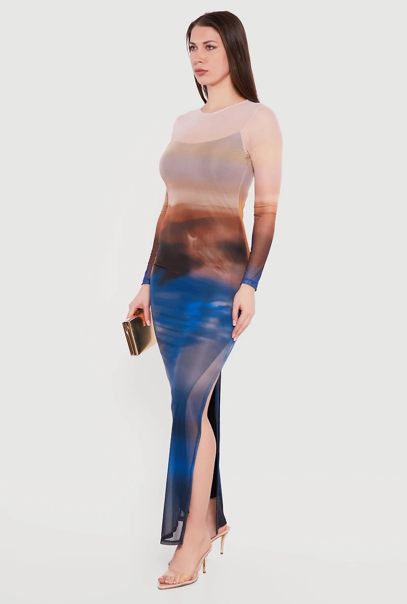 Printed Pattern Side Slit Mesh Overlay Maxi Dress