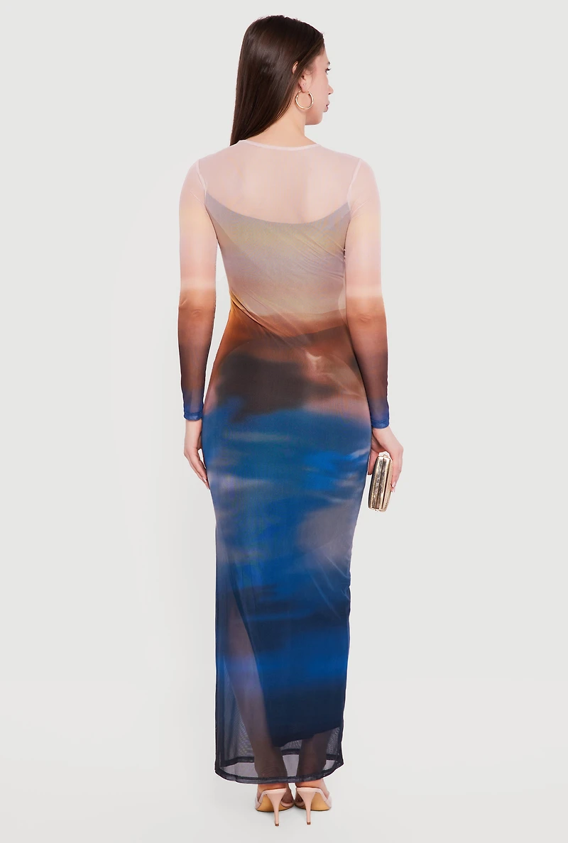 Printed Pattern Side Slit Mesh Overlay Maxi Dress