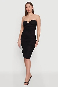 O Ring Side Ruched Midi Tube Dress
