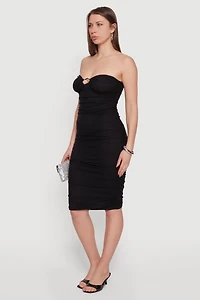 O Ring Side Ruched Midi Tube Dress