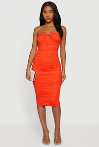 O Ring Side Ruched Midi Tube Dress