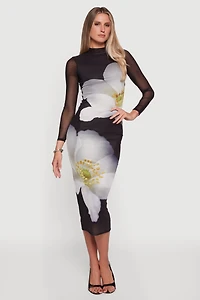 Almost Famous Floral Mesh Open Back Long Sleeve Dress
