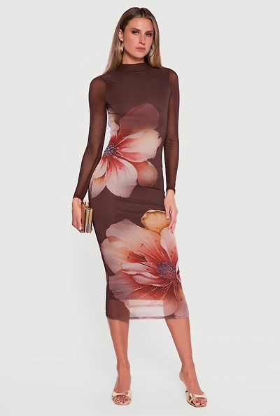 Almost Famous Floral Mesh Open Back Long Sleeve Dress
