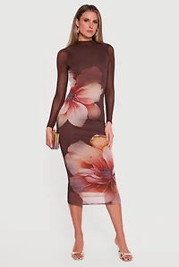 Almost Famous Floral Mesh Open Back Long Sleeve Dress