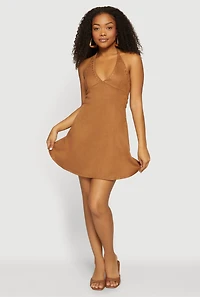 Faux Suede Studded Tie Back Halter Dress