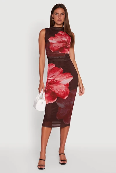 Womens Madden Girl Floral Mesh Ruched Side Midi Dress, Multi, Size M