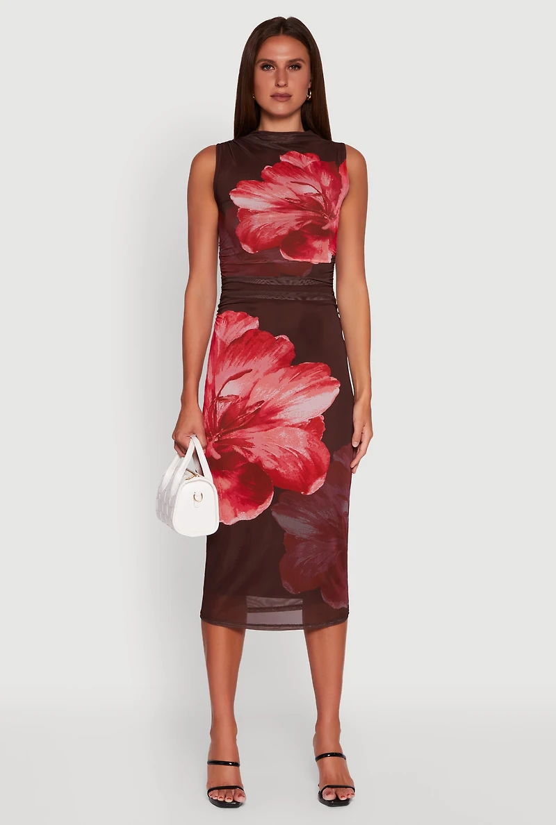 Womens Madden Girl Floral Mesh Ruched Side Midi Dress, Multi, Size M