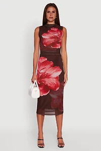 Womens Madden Girl Floral Mesh Ruched Side Midi Dress, Multi, Size M
