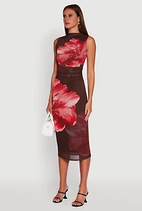 Womens Madden Girl Floral Mesh Ruched Side Midi Dress, Multi, Size M
