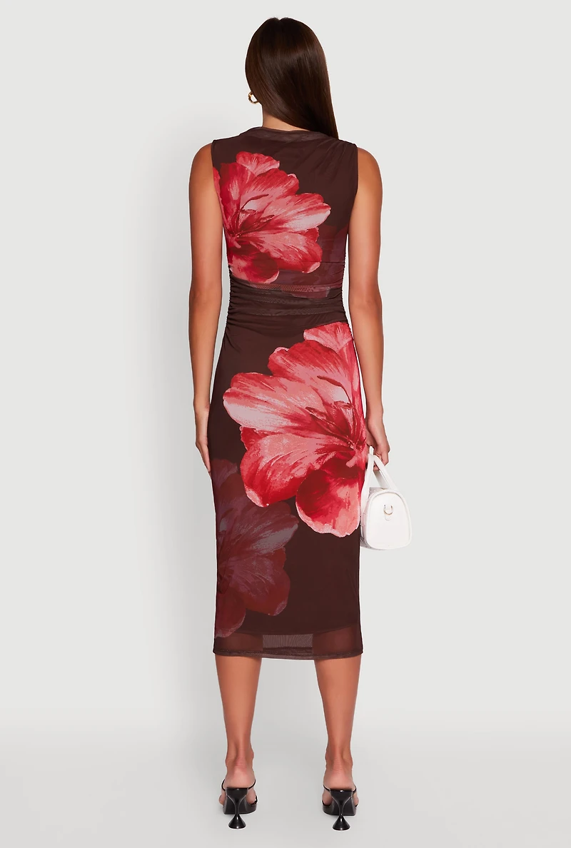 Womens Madden Girl Floral Mesh Ruched Side Midi Dress, Multi, Size M