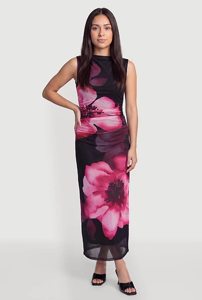 Sleeveless Mock Neck Ruched Floral Mesh Maxi Dress